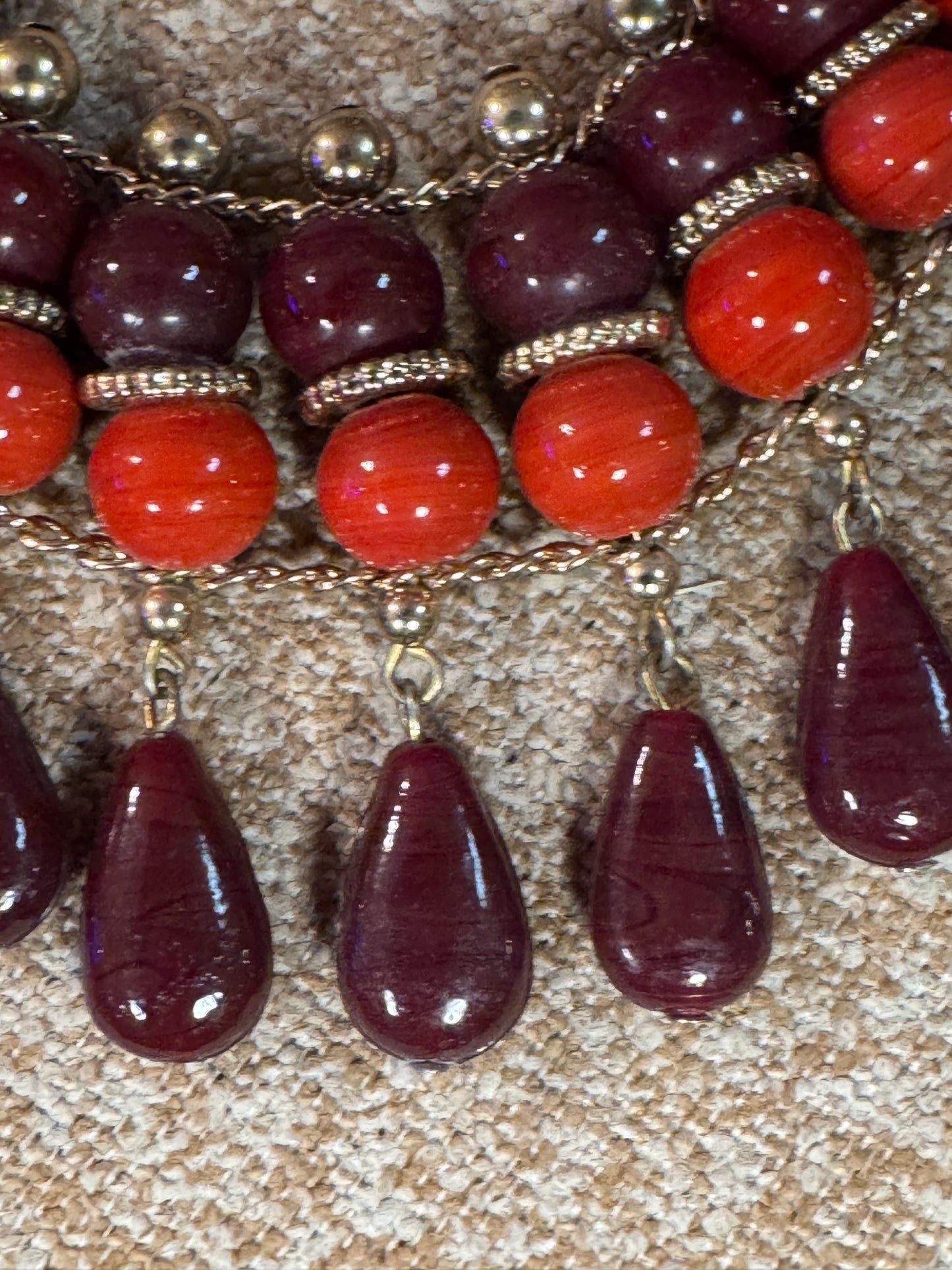Vintage-Style Red and Burgundy Multi-Strand Statement Necklace – Gold-Tone Accents