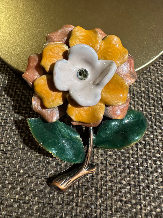 Vintage Mid-Century Enamel Flower Brooch | Tiered 3D Floral Pin