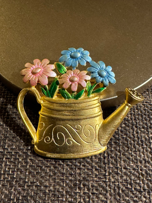 Vintage Signed JJ Jonette “Artifacts” Watering Can Brooch | Enamel Floral Pin