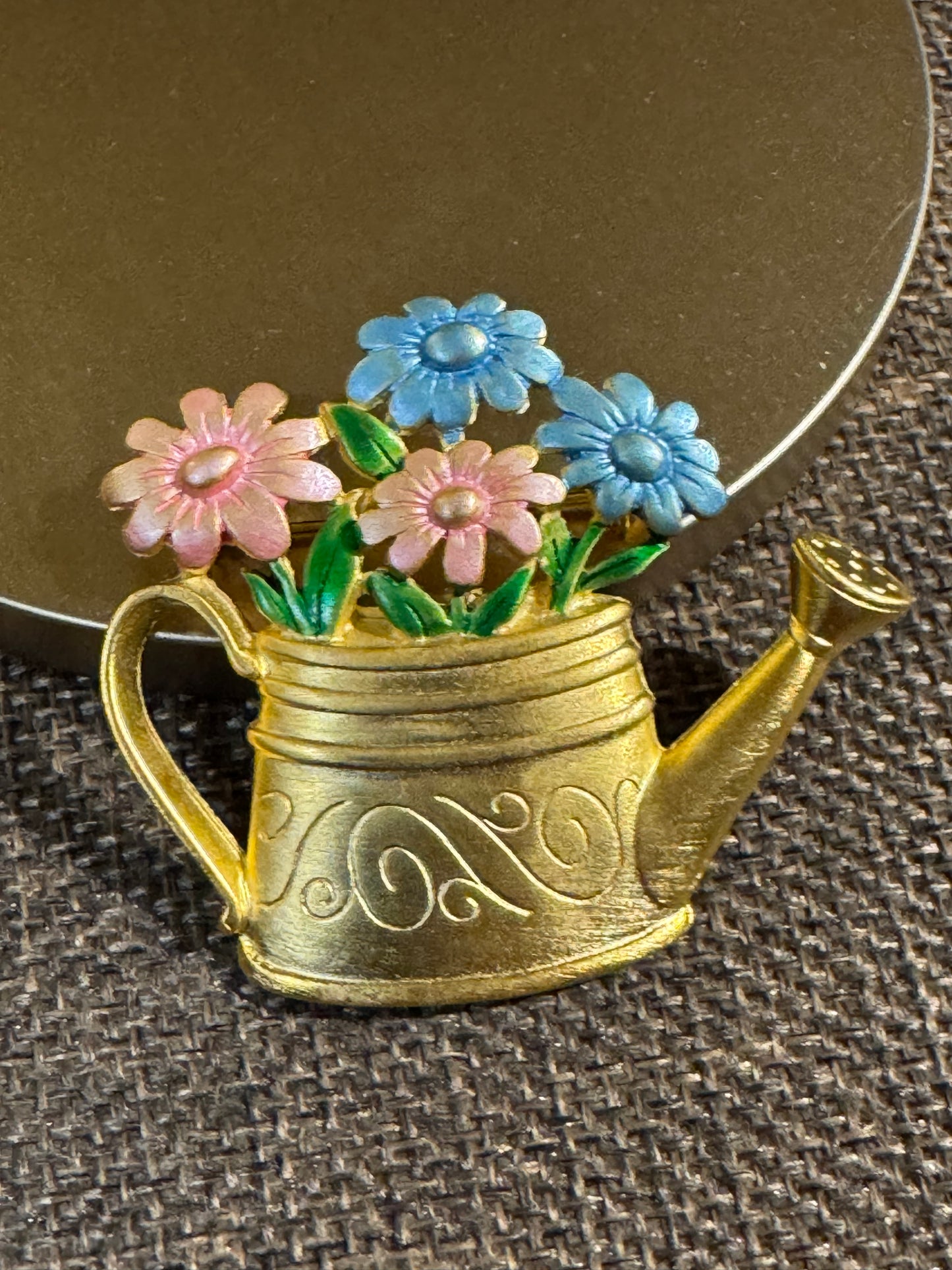 Vintage Signed JJ Jonette “Artifacts” Watering Can Brooch | Enamel Floral Pin