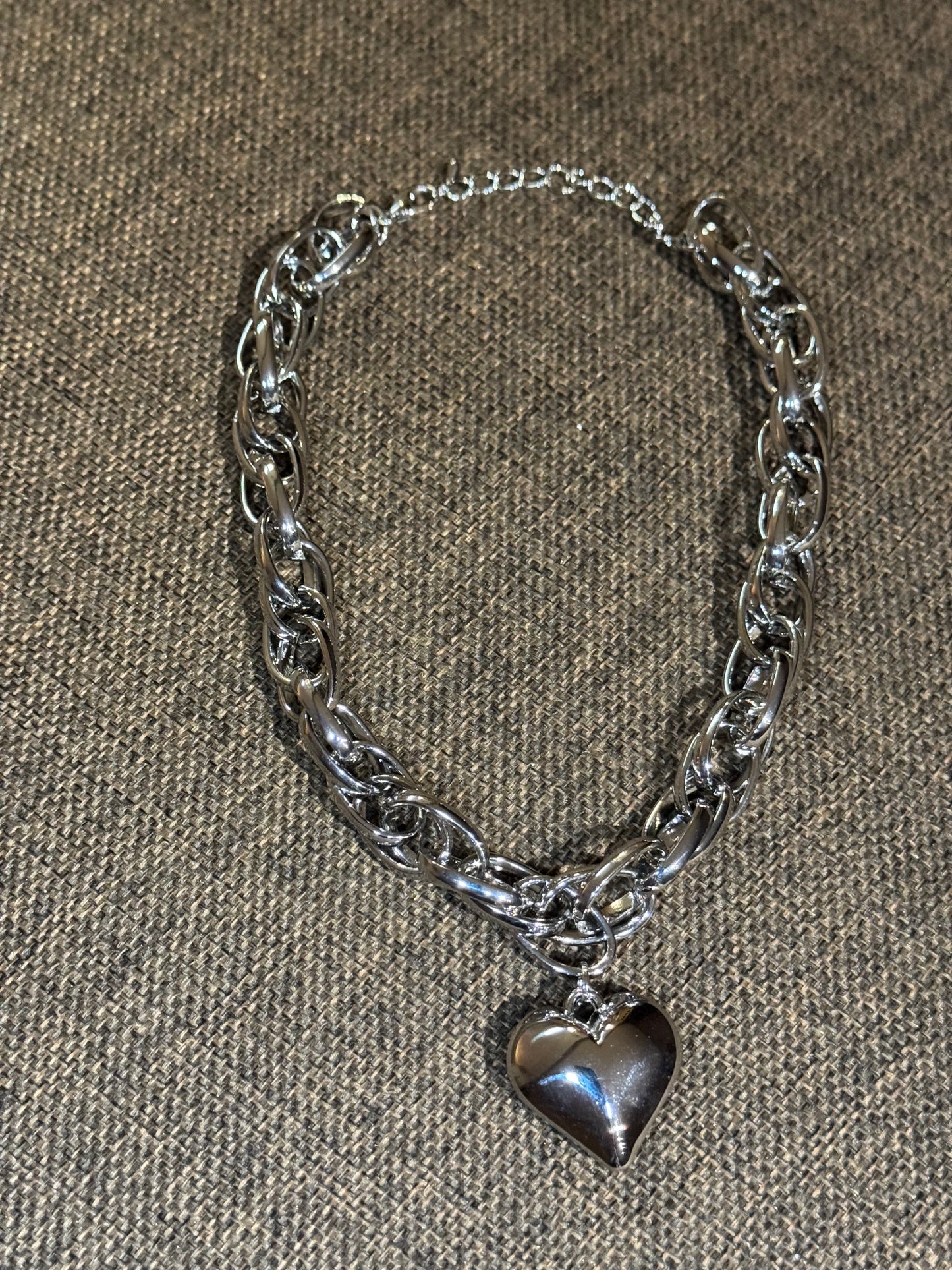 Chunky Silver-Tone Link Necklace | Puffy Heart Pendant