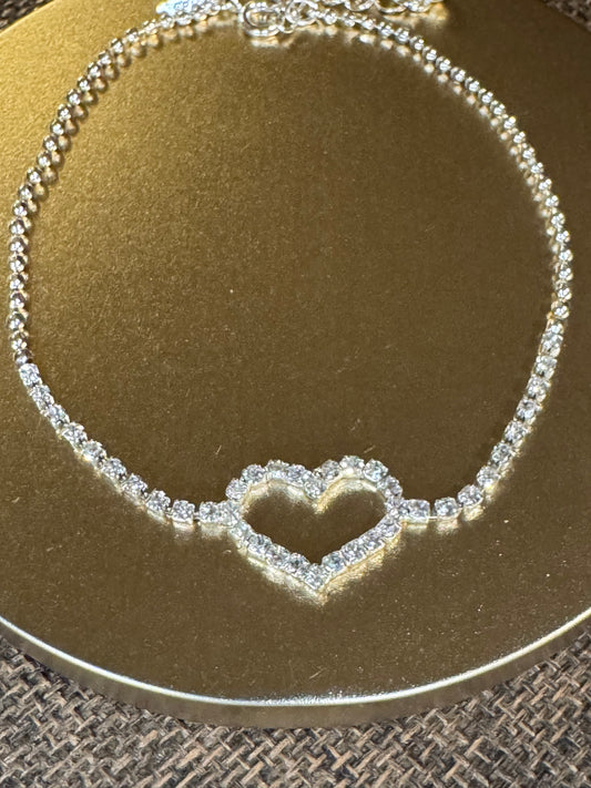 Vintage Avon Open Heart Anklet | Silver-Plated Rhinestone Chain