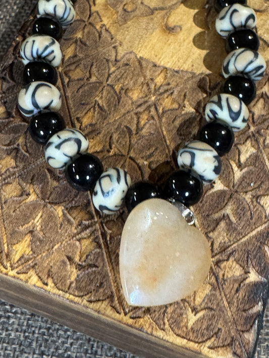 Beaded Black Lava & Onyx Bracelet with Heart Pendant | Grounding & Protective Stones