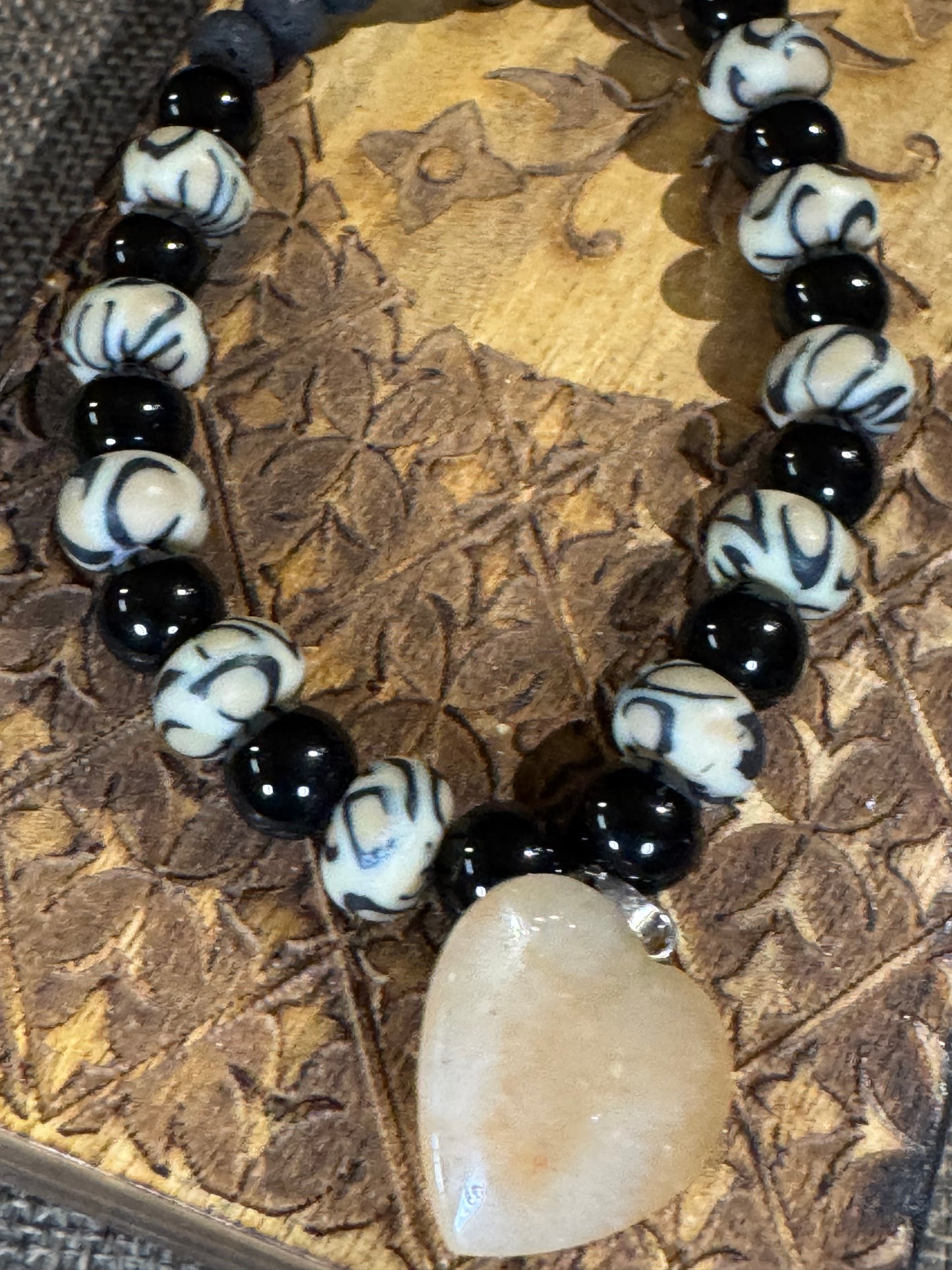 Beaded Black Lava & Onyx Bracelet with Heart Pendant | Grounding & Protective Stones