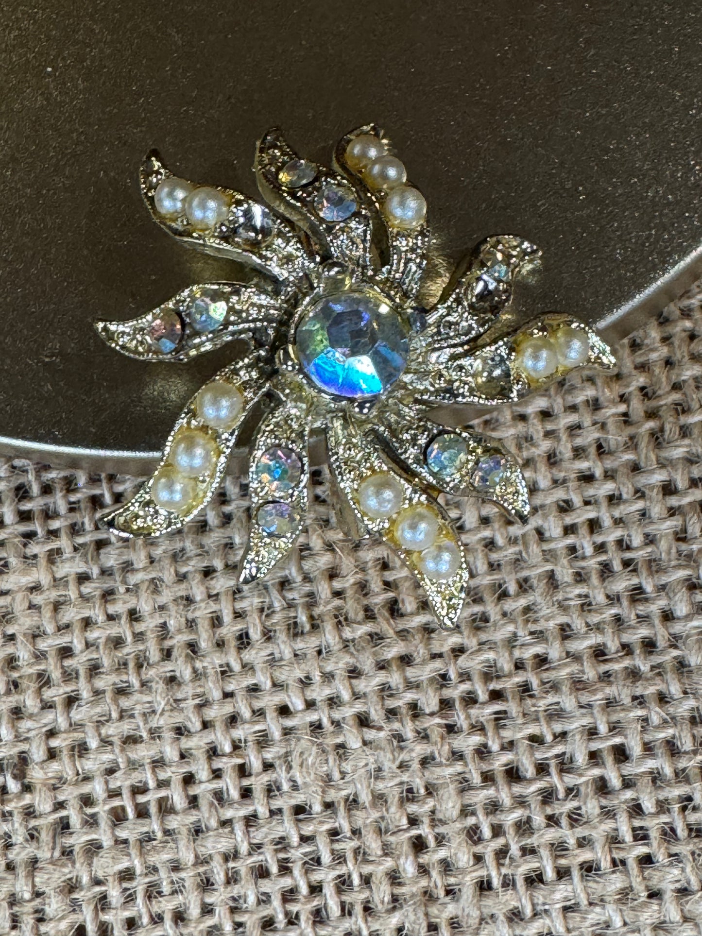 Vintage Starburst Brooch with Aurora Borealis Rhinestones and Faux Pearls