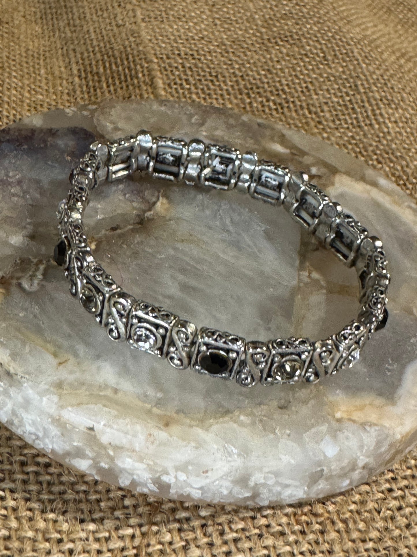 Vintage Silver-Tone Stretch Bracelet with Black, Gray, and Clear Stones
