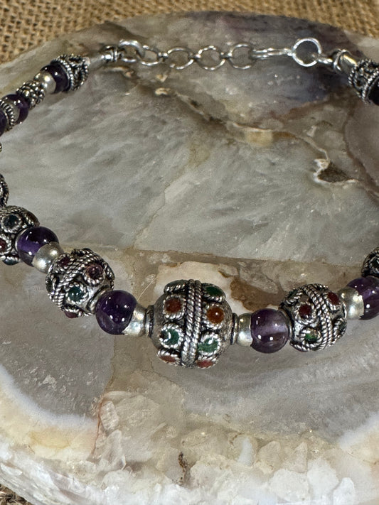 Handcrafted Amethyst Bead Bracelet with Sterling Silver Accents