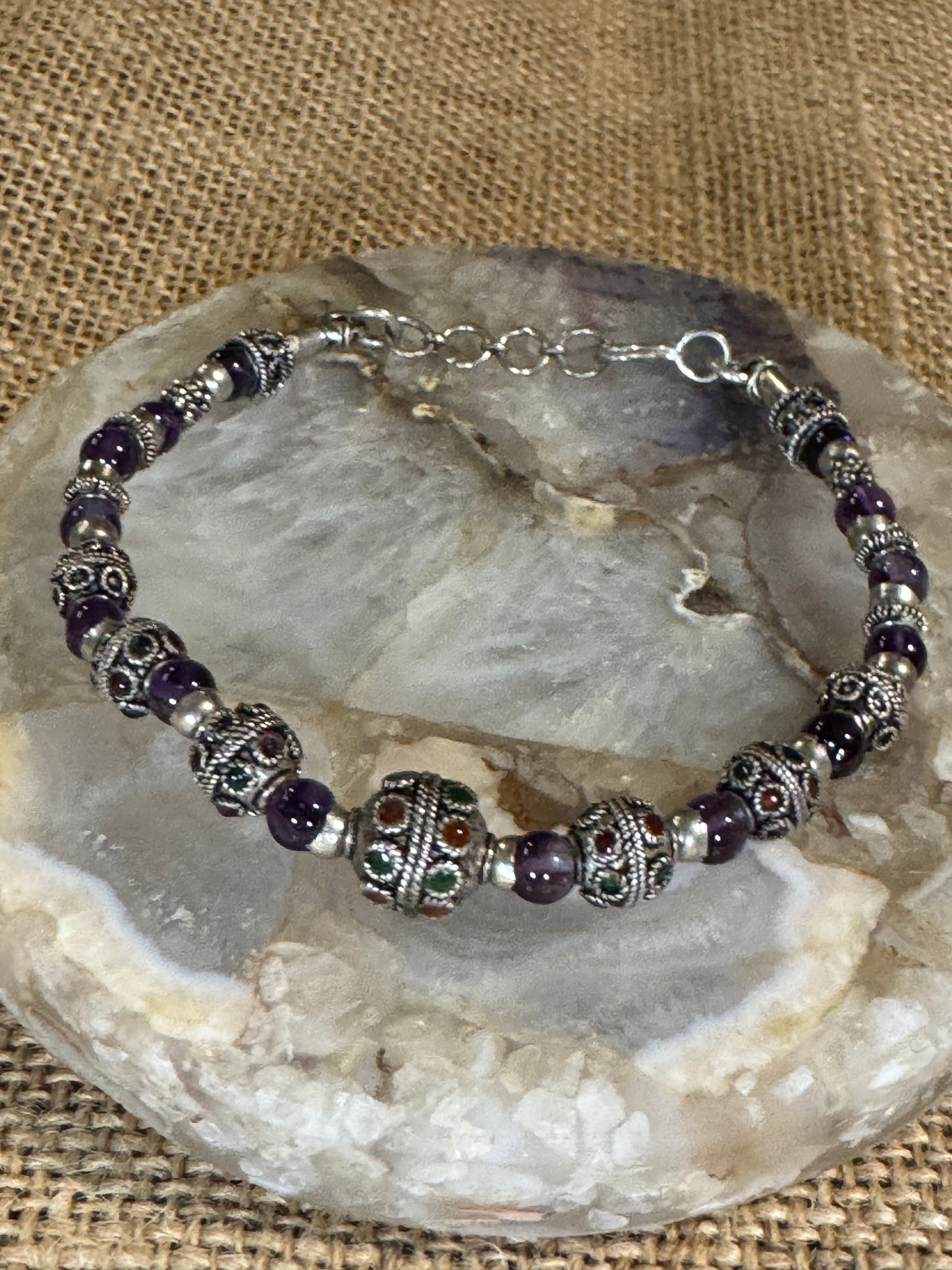 Handcrafted Amethyst Bead Bracelet with Sterling Silver Accents