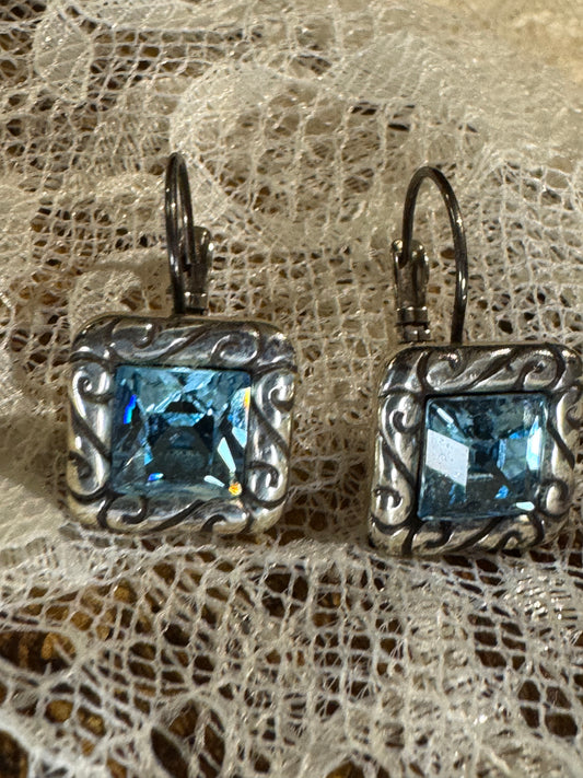 Vintage Silver Tone Aqua Blue Crystal Leverback Earrings