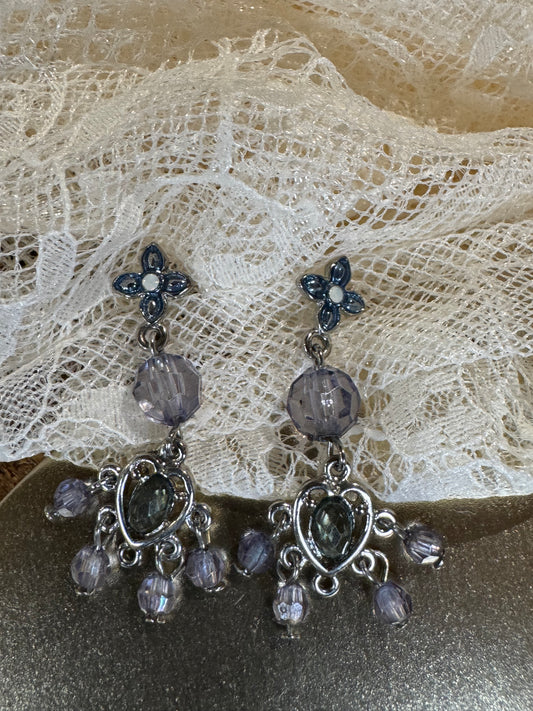 Silver-Tone Waterfall Drop Earrings with Purple Beads and Grey Heart Stone