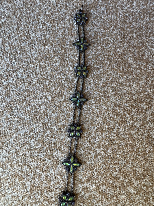 Vintage Black Chain Bracelet with Light Green Rhinestone Flowers