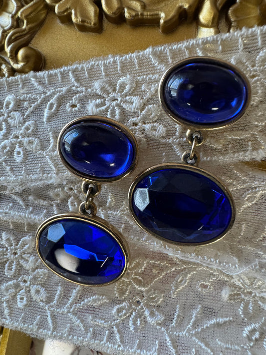Vintage Gold-Tone Blue Crystal Drop Earrings 1980s Style