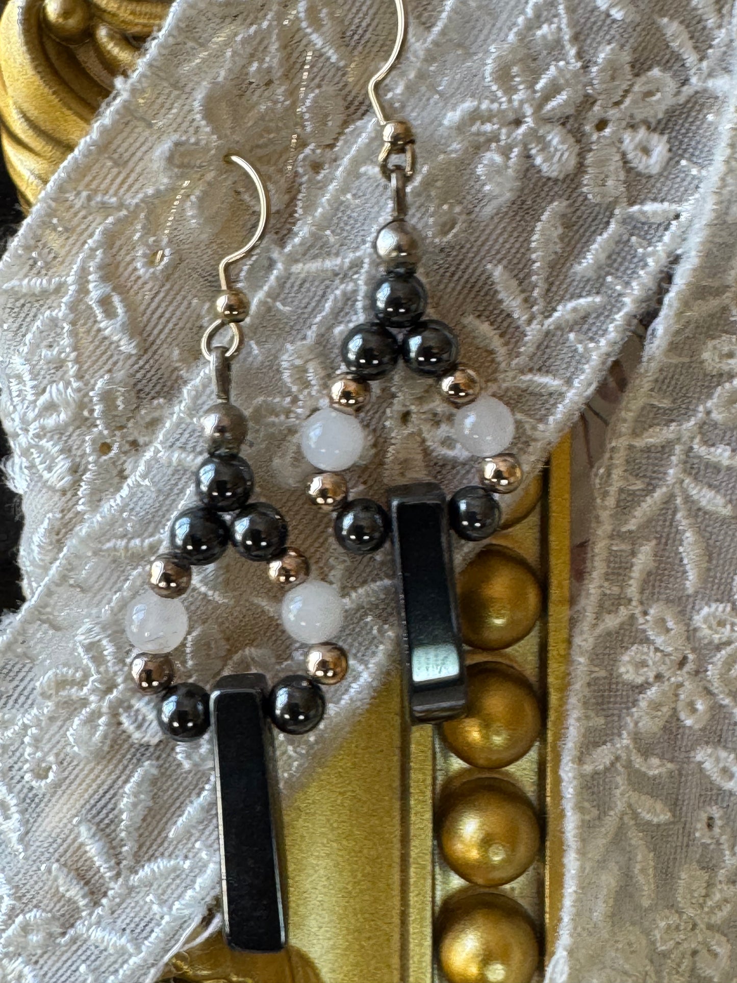 Hematite and White Bead Dangle Earrings