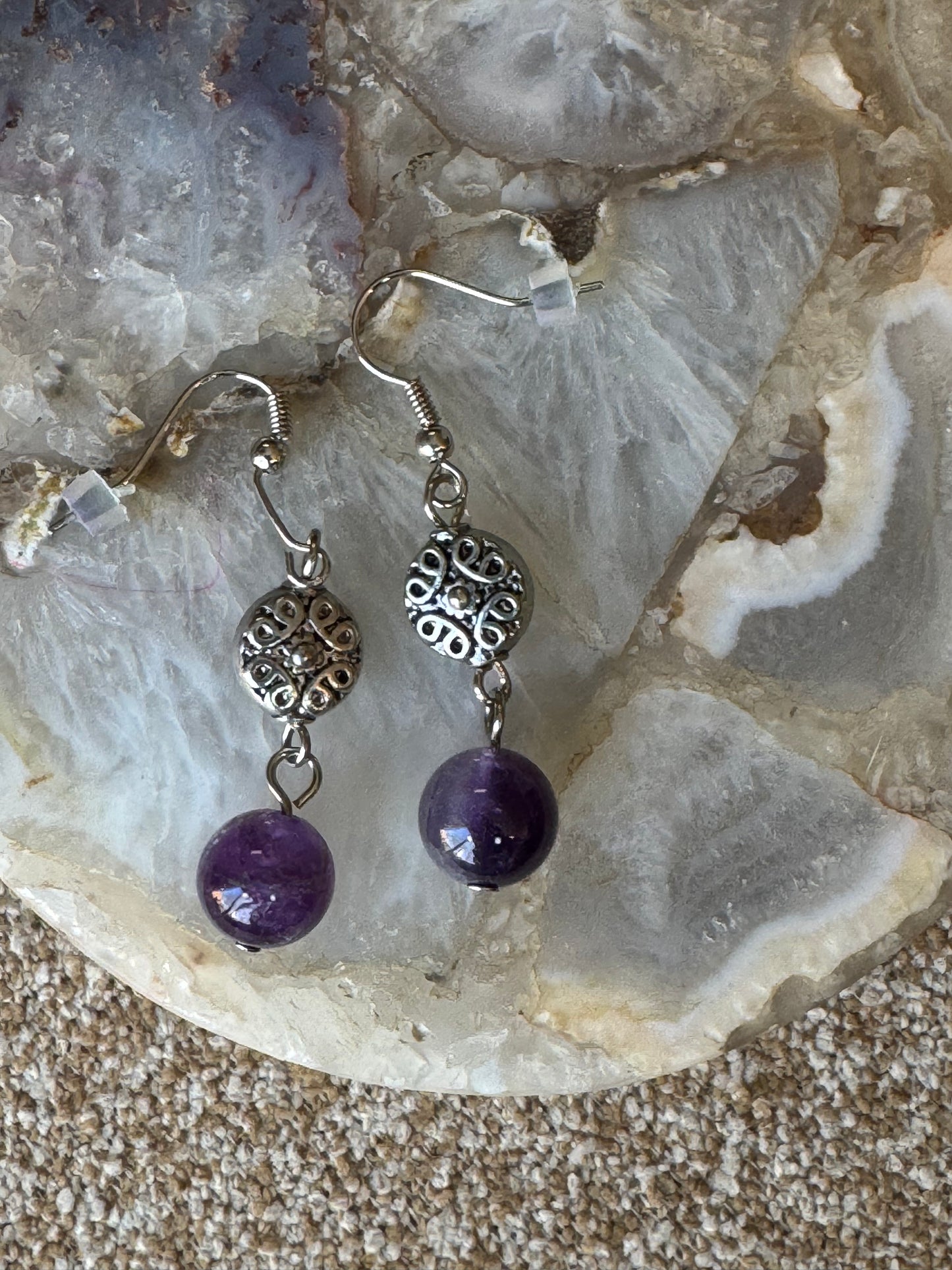 Amethyst Dangle Earrings with Silver-Tone Filigree