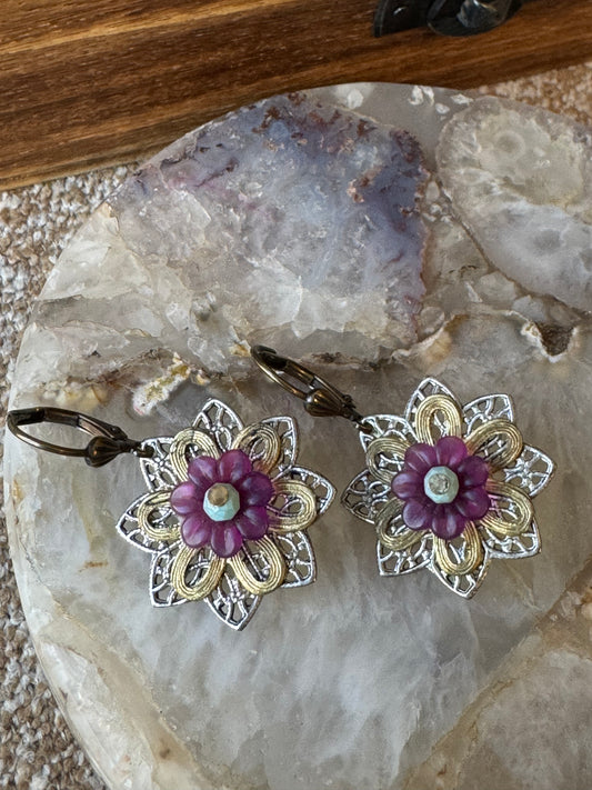 Floral Filigree Purple Accent Earrings