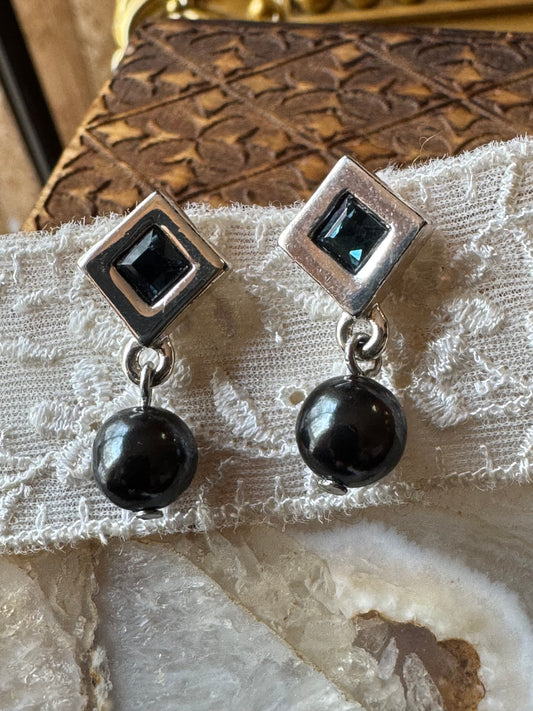 Vintage Napier Mexican Modernist Black Onyx & Blue Gemstone Dangle Earrings