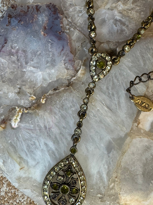 Vintage-Style Green Rhinestone Y-Drop Necklace