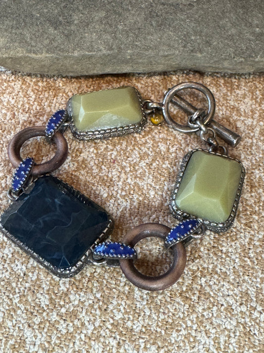 Artisan-Style Toggle Bracelet – Sage Green & Deep Blue Faceted Stones