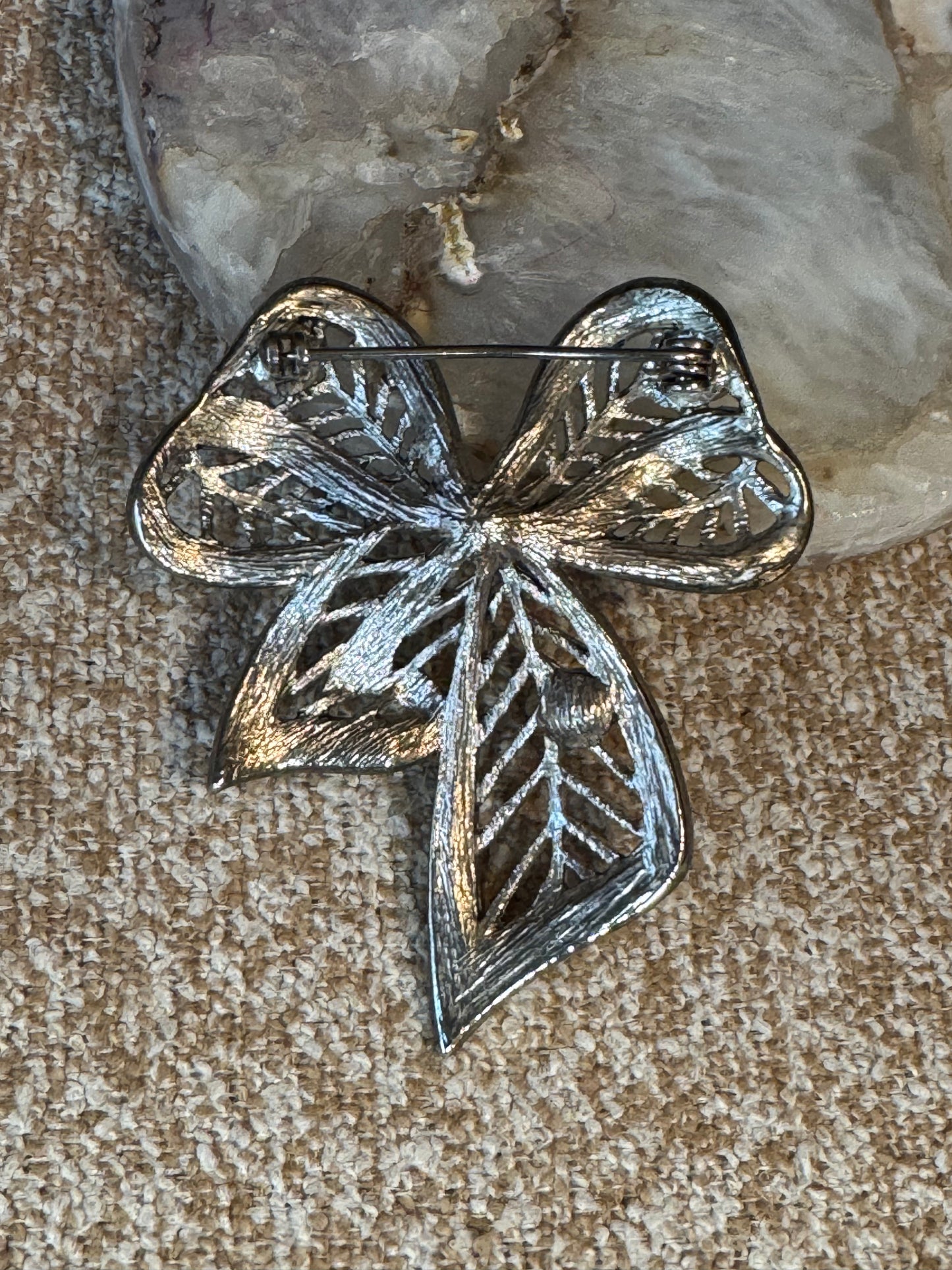 Vintage Silver Tone Openwork Bow Brooch with Rhinestones & Marcasite Detail