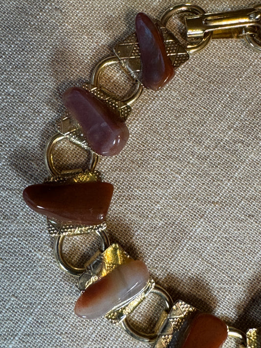 Vintage Gold Tone Link Bracelet with Polished Red & Gray Natural Stones