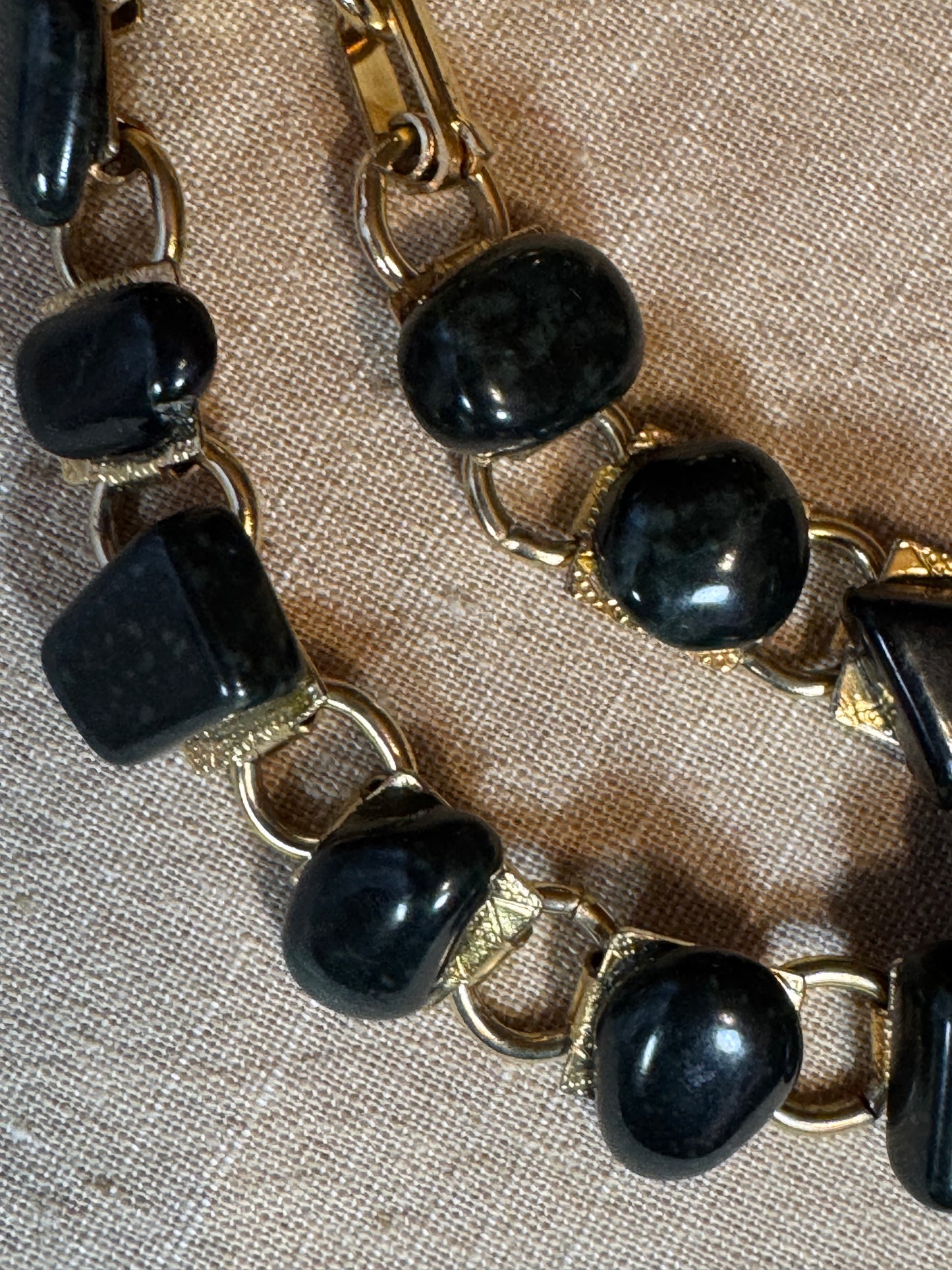 Vintage Black-Blue Stone Bead Bracelet with Gold Tone Link Spacers – Geometric Design