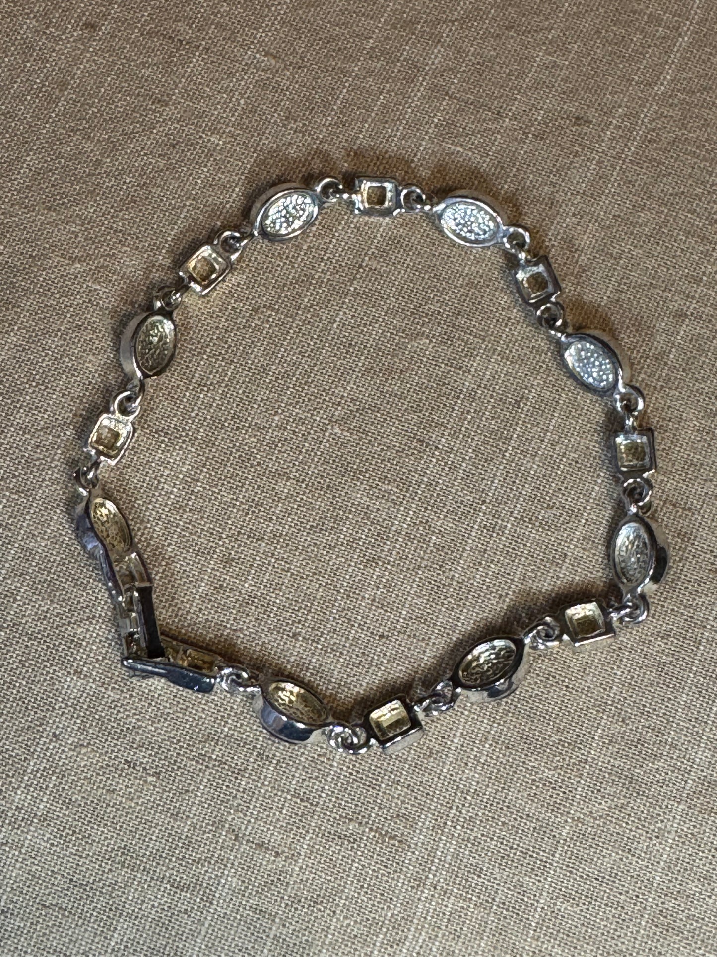 Vintage Modernist Link Bracelet – Black Cat’s Eye Cabochons & Silver Links