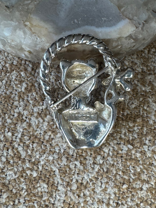 Vintage 925 Sterling Silver Kitty in Flower Basket Brooch — Charming Retro Detail