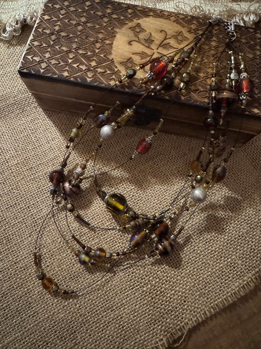 Vintage Bohemian Multi-Strand Amber and Tiger’s Eye 20" Beaded Necklace