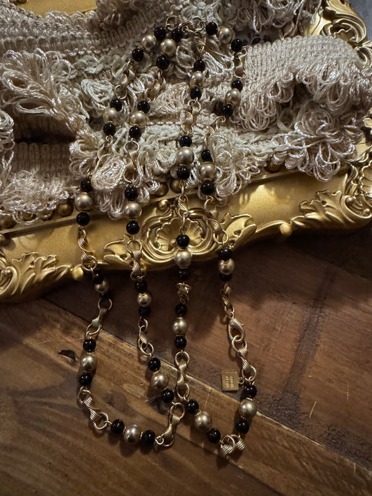 Signed Vintage Anne Klein 36" Necklace with Black & Matte Gold-Tone Beads