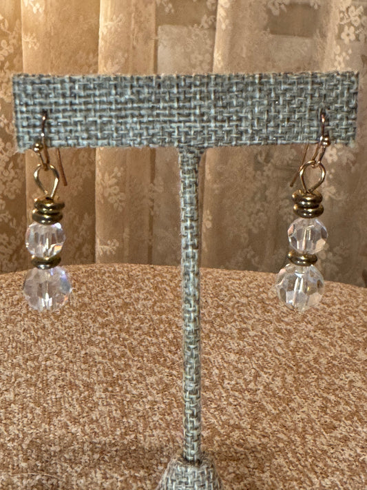 Vintage-Inspired Iridescent Dangle Earrings – Gold-Tone, Aurora Borealis Beads
