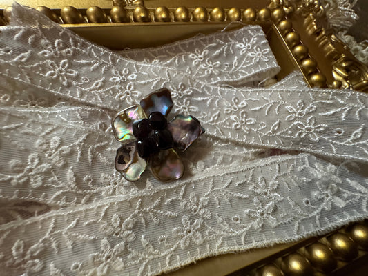 Vintage Flower Brooch - Iridescent Shell and Black Stones