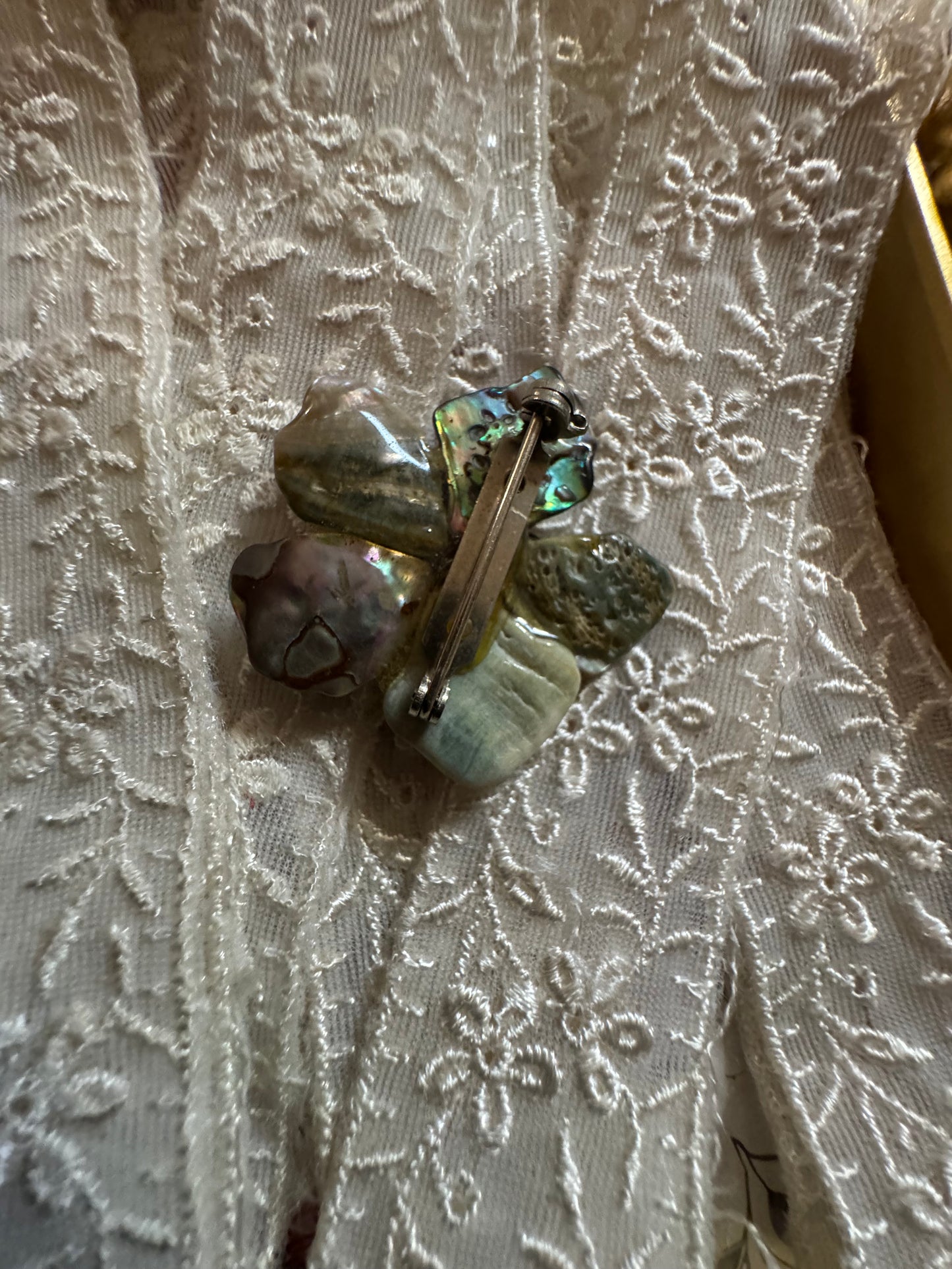 Vintage Flower Brooch - Iridescent Shell and Black Stones