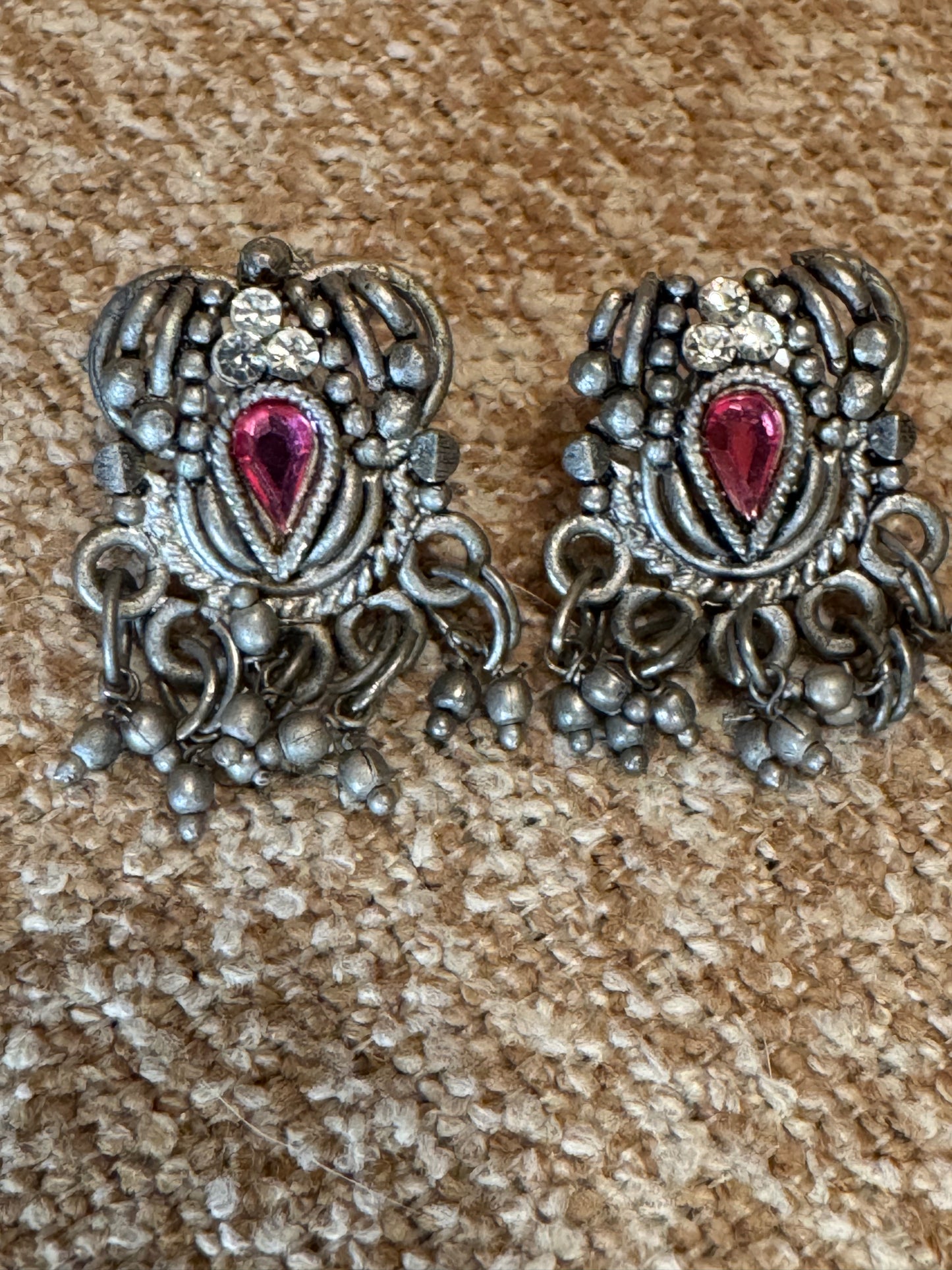 Oxidized Silver Temple-Style Earrings – Ruby-Pink Art Stone Accent