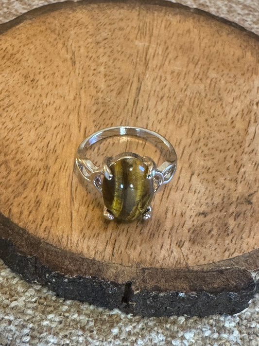 Tiger’s Eye Oval Ring – Silver-Plated Vintage Style – Size 9