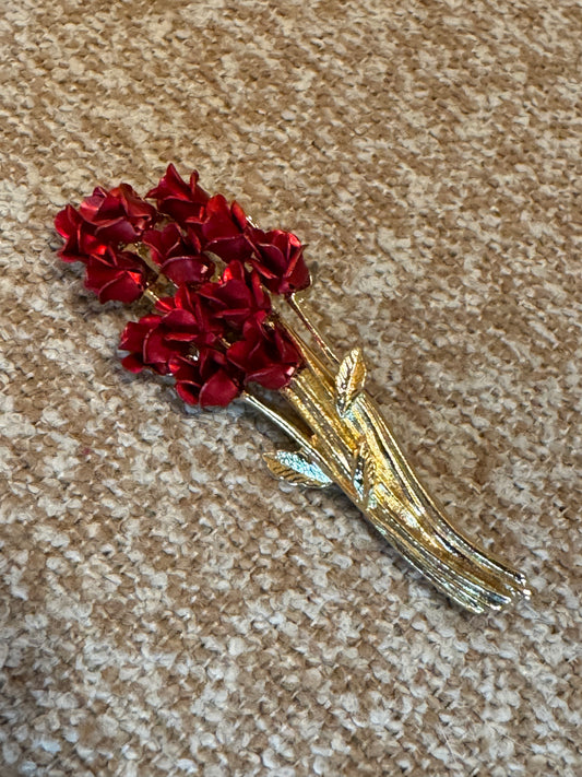 1997 Danbury Mint Red Rose Bouquet Brooch – Gold Plated & Enamel