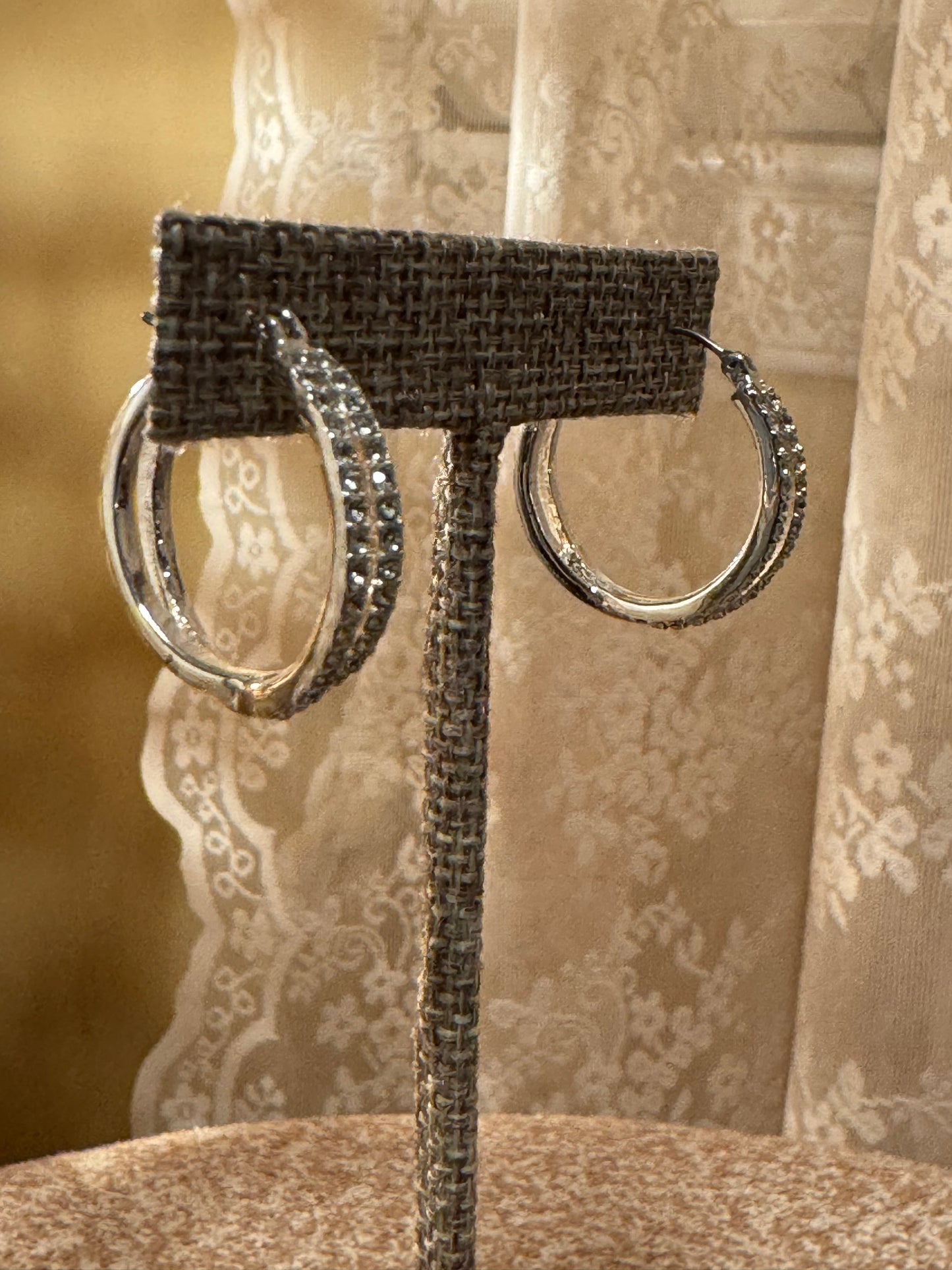 Split Hoop Silkver Tone Earrings with Pave Crystal Accents