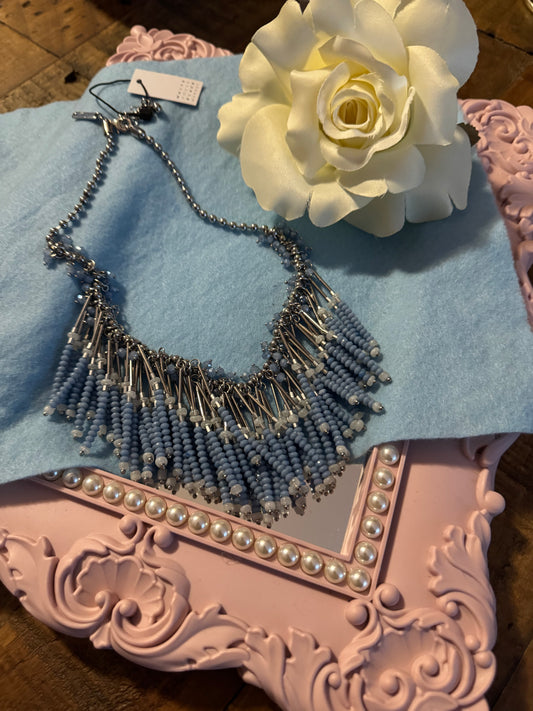 Signed White House Black Market Blue and Silver 16" Beaded Fringe Necklace