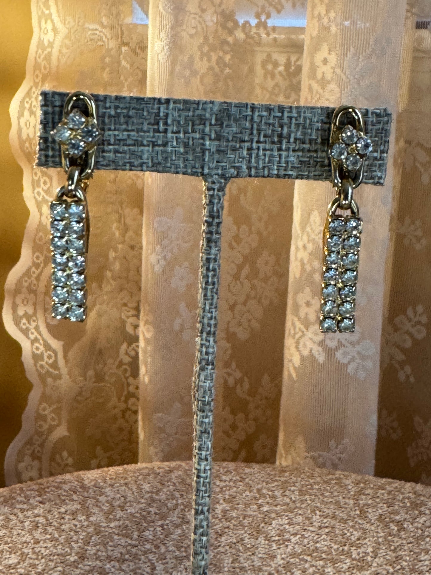 Vintage-Style Gold-Tone Rhinestone Clip-On Dangle Earrings