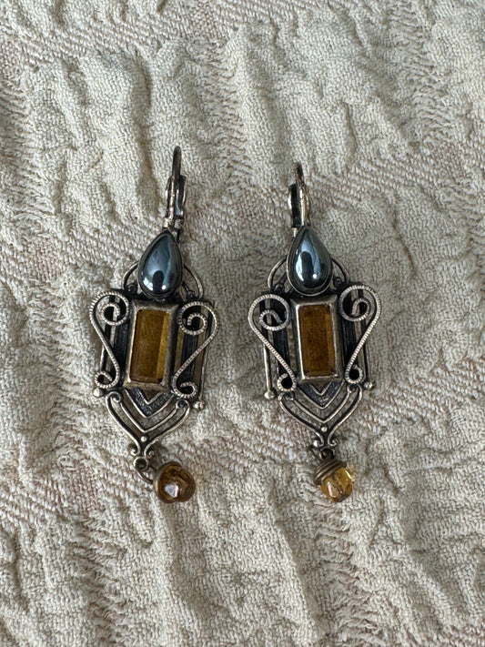 Vintage Filigree Amber & Hematite Leverback Earrings
