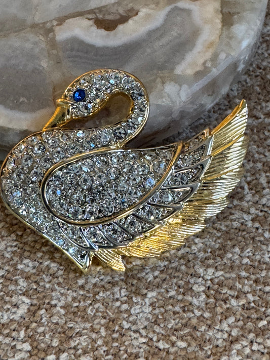 Vintage Park Lane Swan Rhinestone Brooch – Gold Tone with Blue Eye