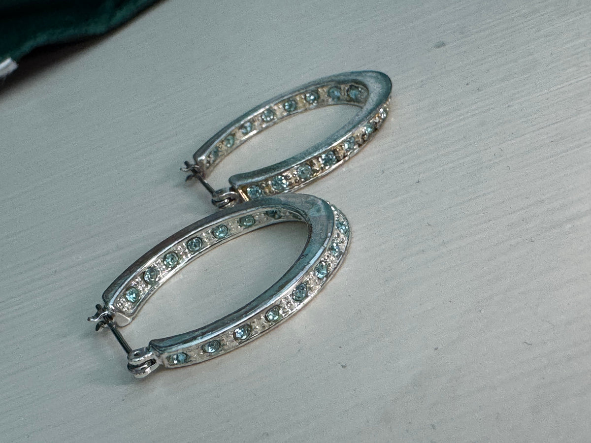 Vintage Aqua Crystal Oval Hoop Earrings
