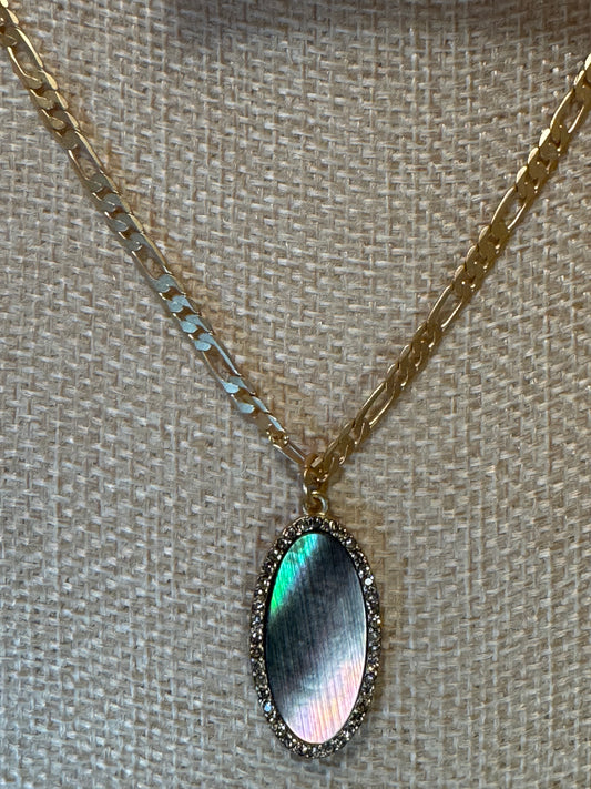 Jane Marie Grey Shell Oval Pendant Necklace with Crystal Border – Signed JM
