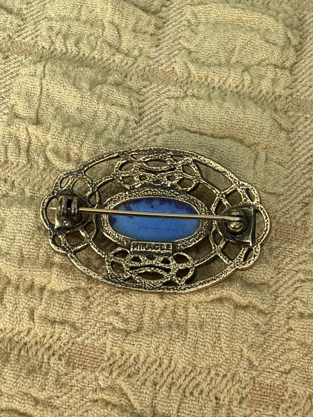 Vintage Signed Miracle Celtic Revival Blue Faux Lapis Brooch