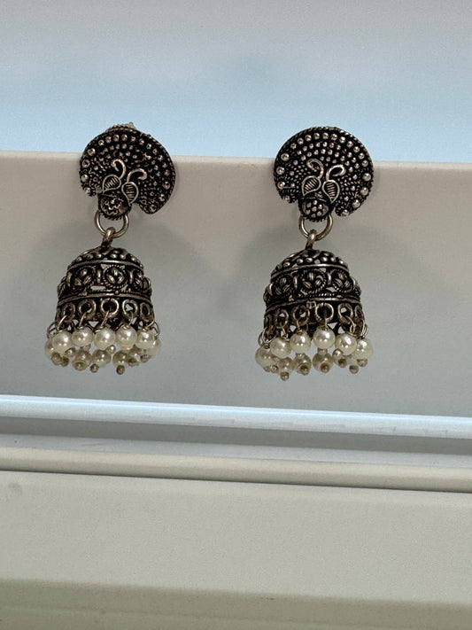 Vintage Oxidized Antique Silver Traditional Jhumka Earrings with White Pearl Beads