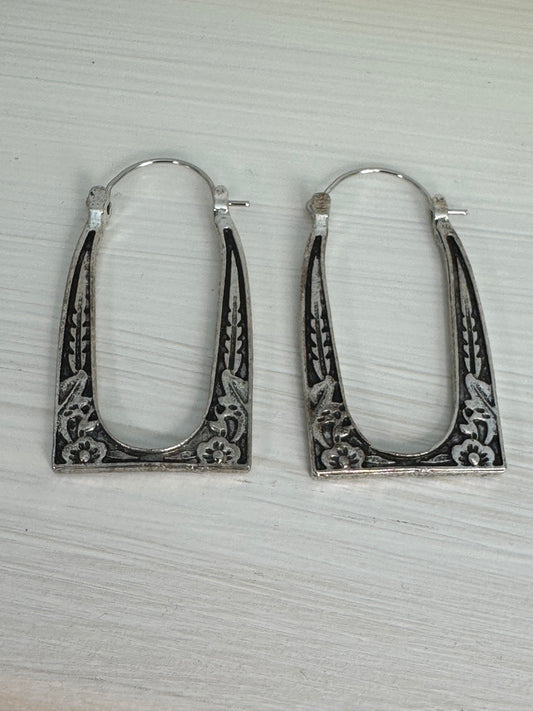 Vintage Antiqued Silver Tone Floral Frame Hoop Earrings