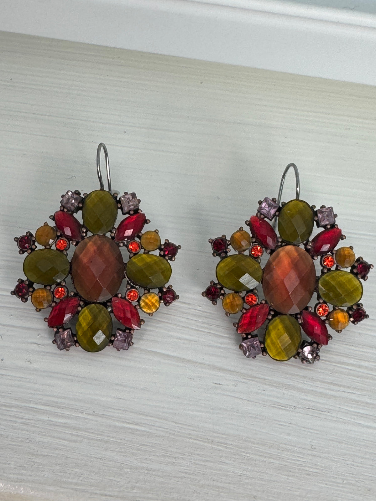 Vintage Signed Liz Claiborne "LC" Faceted Gemstone Cluster Drop Earrings