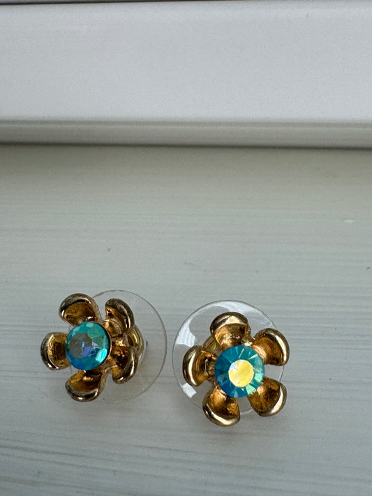 Vintage Aqua Rhinestone Flower Studs