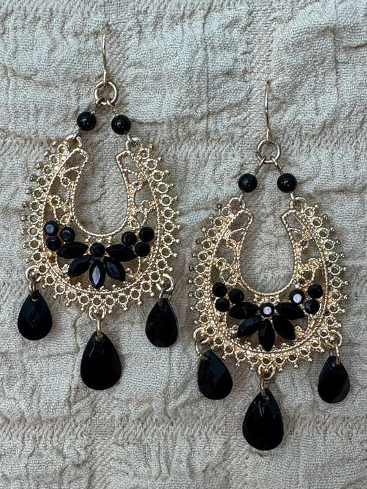 Vintage Boho Gold Tone Black Bead Chandelier Dangle Earrings