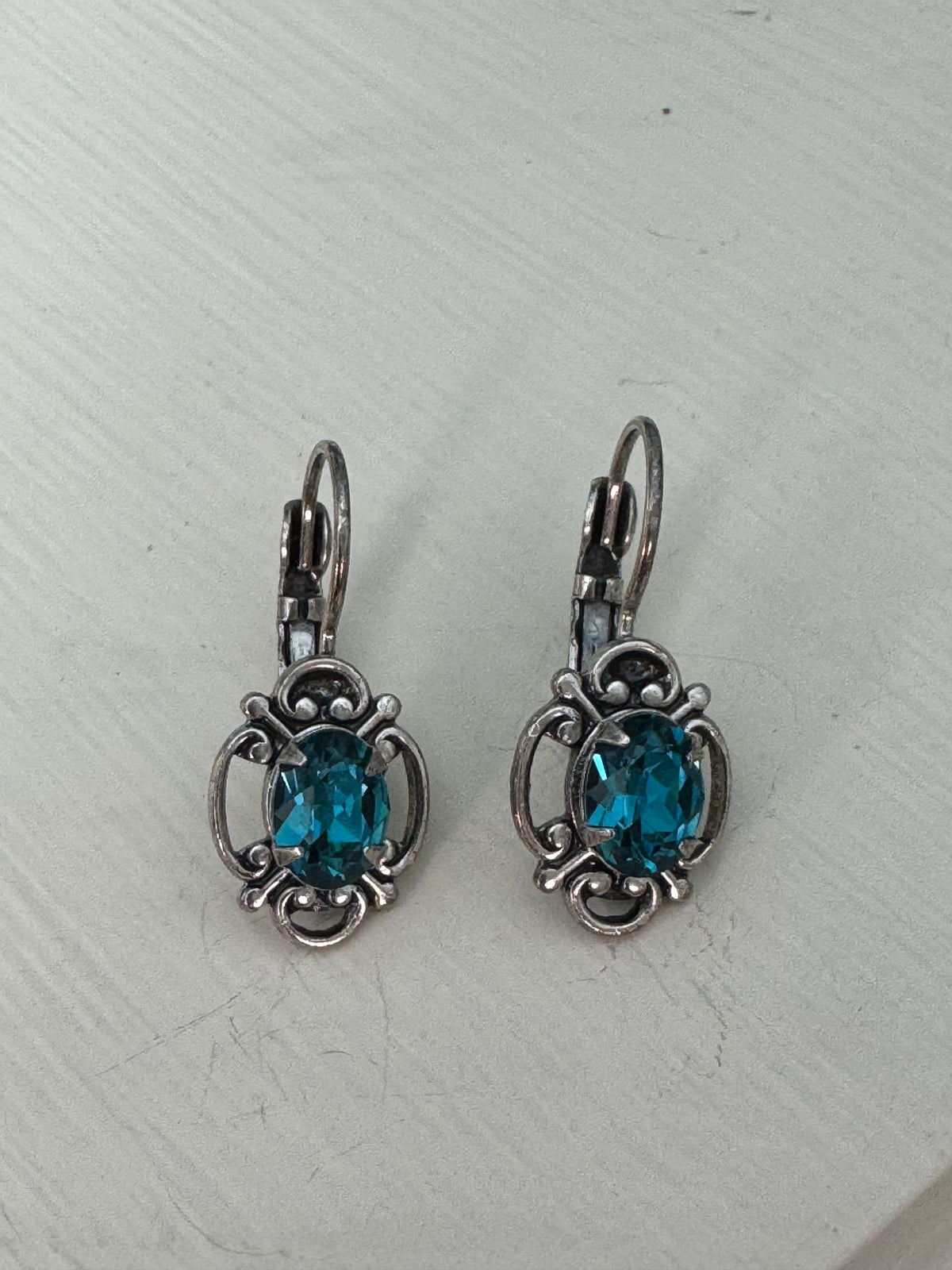 Sadie Green Crystal Drop Earring in Antiqued Silver & Vibrant Teal