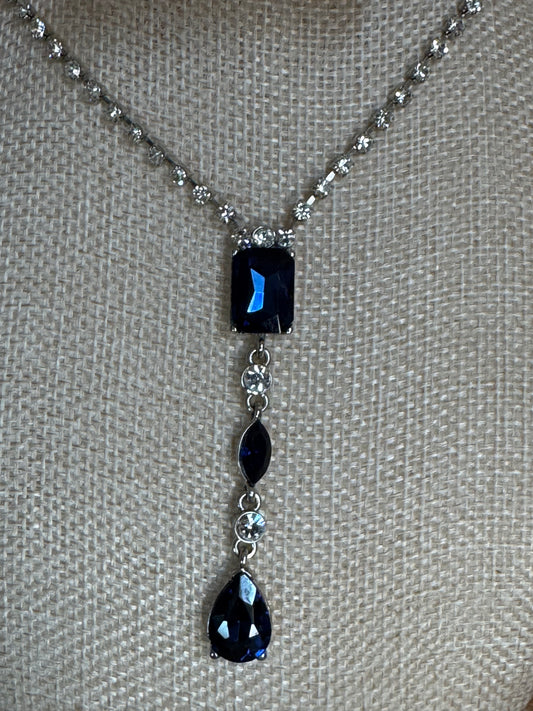 Vintage Carolee Simulated Sapphire & Crystal Y-Drop Necklace – Signed